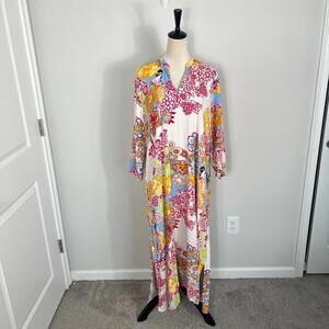 N Natori Caftan Muumuu Maxi Dress Geisha Garden White Floral Asian Sz XL Pockets